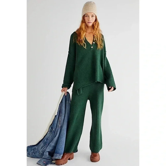 New Free People Hailee Sweater Set Matching Two Piece Henley Wide Leg Dark Green - Picture 1 of 11